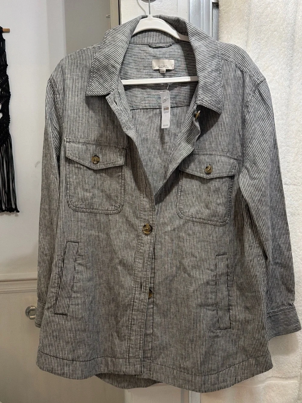 LOFT Gray Pinstripe Utility Jacket with Button Front